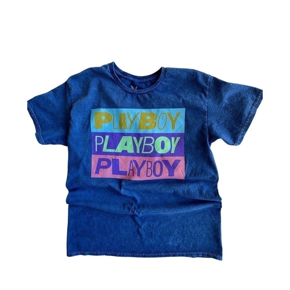 Playboy Graphic T-Shirt Blue Mineral Wash Triple Logo Cotton Large Womens